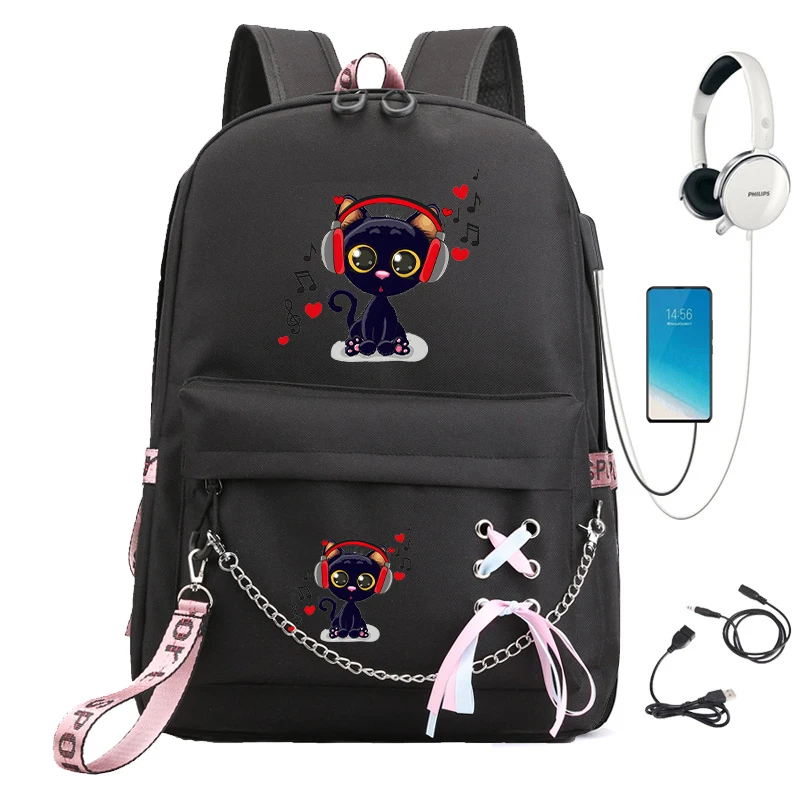 Girl Children Backpack School Bag Back Pack Cute Cartoon Black Kitten Teenage Schoolbag Usb Charging Bagpack Travel Bookbag