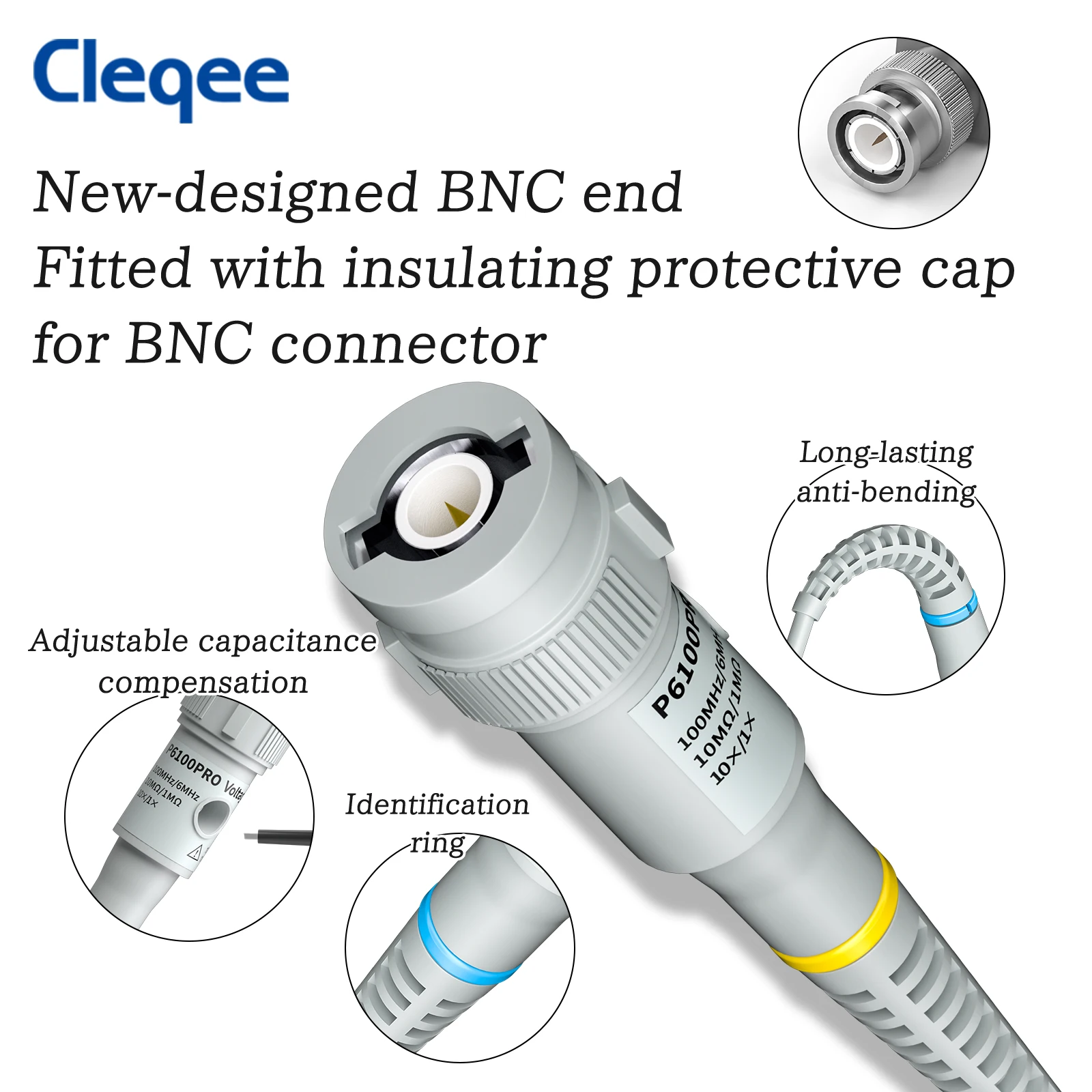 Cleqee P6100PRO Safety BNC Connector 100MHz Bandwidth Oscilloscope Probe 1X/10X Adjustable Attenuation