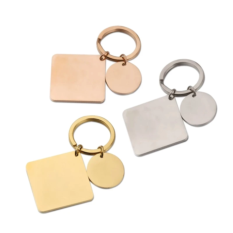 Stainless Steel Key Chain Hanging Square Round Pendant Keyring For DIY Making Keychain Square Blank Keychain Tag For Engraving