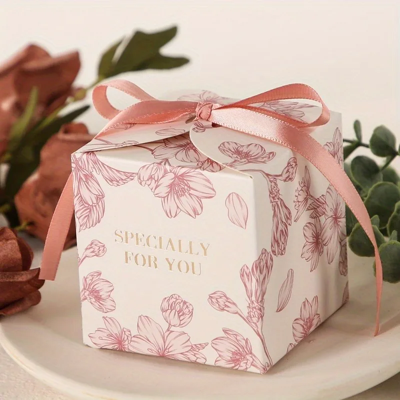 30/40/50pcs Floral Candy Gift Boxes with Ribbon Elegant Pastel Pink White Flowers Paper Gift Boxes for Wedding Birthdays Parties