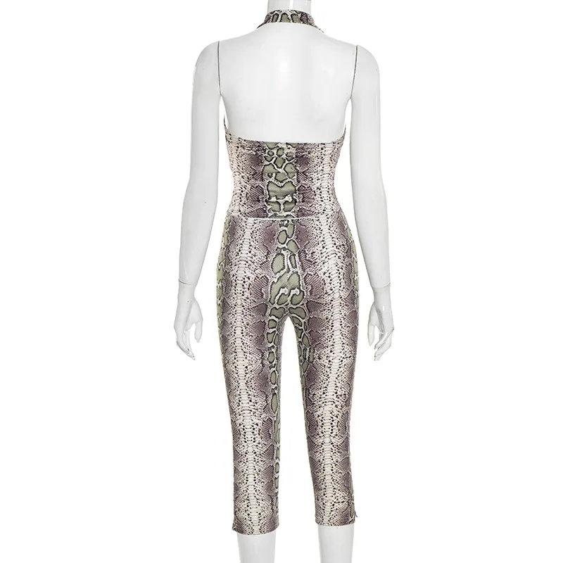 サーペンタイン柄 レディース セクシー ツーピースセット ホルターネック バックレス タンク クロップトップス + スプリット スキニー カプリパンツ クラブウェア スーツ ストリートウェア