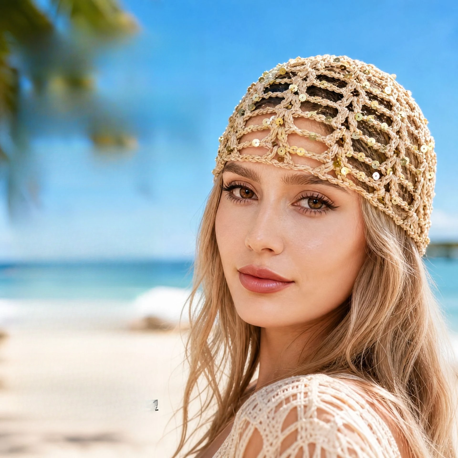European and American hollowed out knitted sequined fishing net hat with adjustable handmade toe cap sun protection headscarf