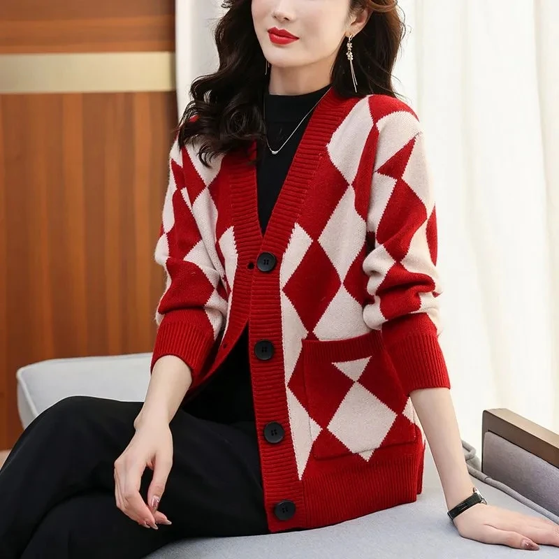 Sweater Coat Cardigan Ladies Spring And Autumn New Lazy Wind V-Neck Plus Size Solid Color Checkerboard Sweater Pocket Soft Coat