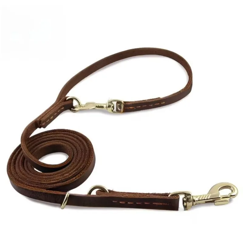 

NEW Best Sell Dog Leash Durable Rope Cowhide Leather with 2 Hook Multifunctional Leather Hands Pet Leash Explosion-Proof