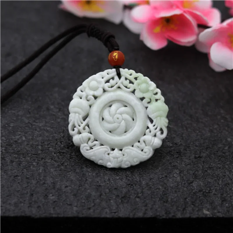 Hollow Out Double-sided Carved Flower White Jade Windmill Pendant Natural Geometry Necklace Jewellery Fashion Lucky Amulet Gifts