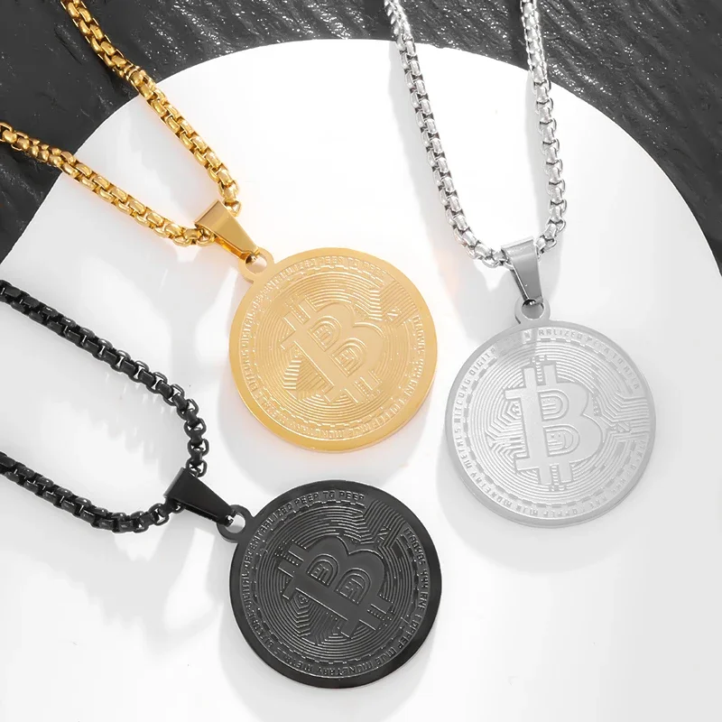 Stainless Steel Fashion Bitcoin Coin Collectible Art Coin Necklace Men's Hip Hop Casual Jewelry