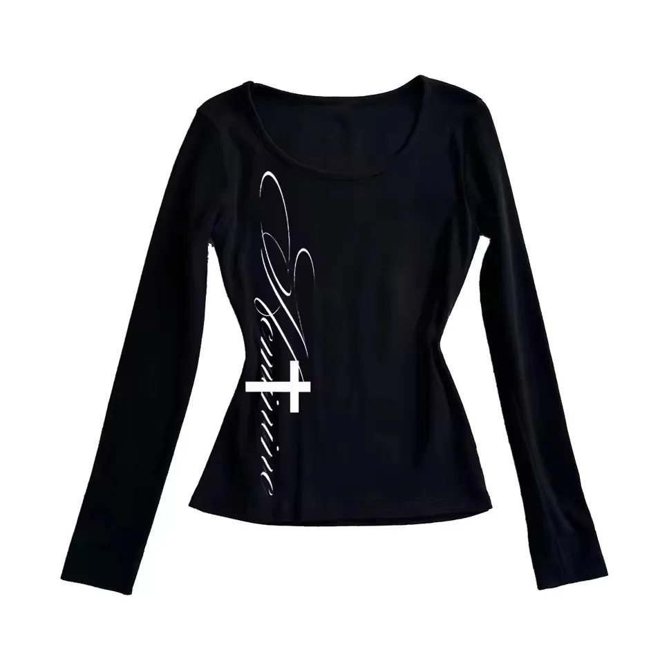 Y2K Grunge Vintage T-shirt Graphic Print O Neck Long Sleeve Tee Women's Slim Fit Crop Tops Girl Emo Streetwear 2000s tops