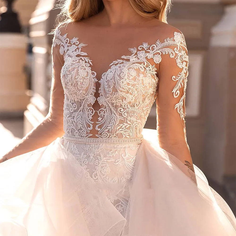 Eleganti applicazioni con scollo a V in pizzo tulle staccabile sirena sposa abiti da sposa abiti da sposa personalizzati