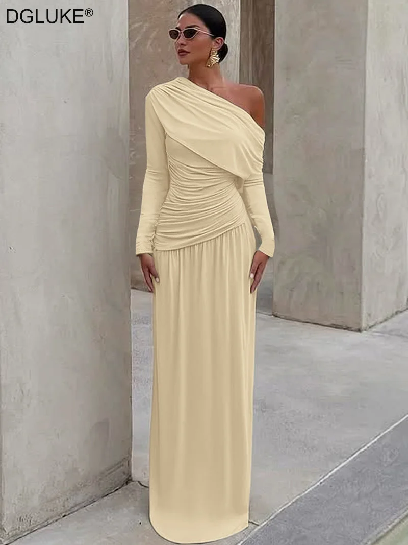 

DGLUKE One Shoulder Long Sleeve Maxi Dress Woman Ruched High Waist Pleated Long Dress Elegant Party Prom Dresses