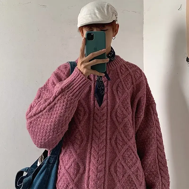 Männer Herbst und Winter mit Bodenbildung Strickwaren Lose Einfarbig Faul Stil Gebraten Teig Wendungen Junges Paar Pullover