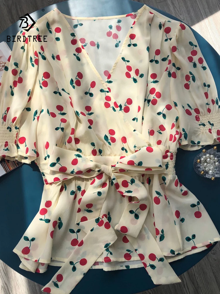 BirdTree 18MM 100%Real Silk Shirt,Women Cherries Short Sleeve ,Elegant French Style Sweet Blouses, 2024 Summer New Tops T41578QC