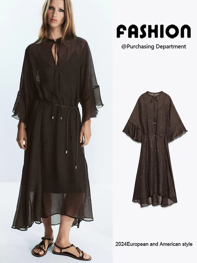 

Faionable Loose Belted Dr ZA2025 Autumn New Women's Comfortable Ele Loose Tied Dr Ethnic Stage Costume