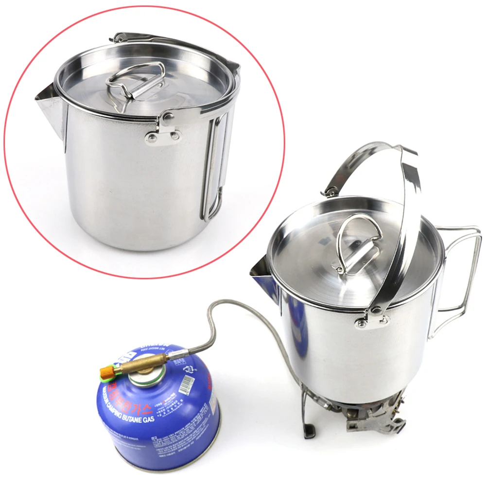 

Stainless Steel Kettle Hanging Water Jug Portable Boiling Pot Camping Picnic Foldable Handle Lightweight Compact Gas Stove