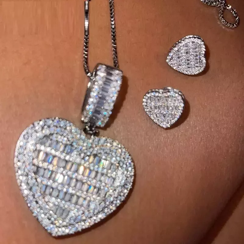 In Stock Iced Out Bling Women Jewelry 5A White Cubic Zirconia Heart Shaped Pendant Necklace With Tennis Box Chain