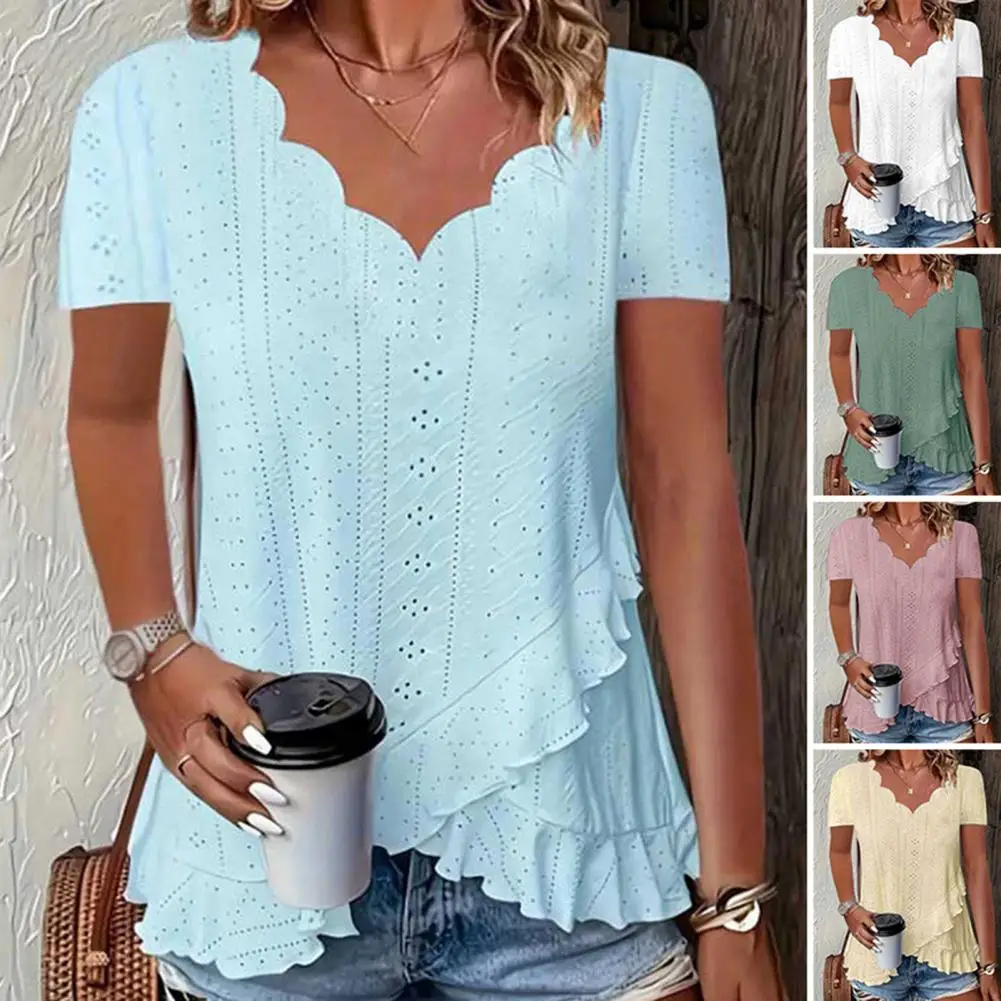 

Women V-neck Tops Tee Shirt Women’s V-neck Jacquard Top Short Sleeve Loose Fit Pullover Work Party Vacation Shirt