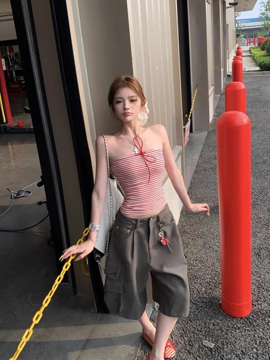 Kimotimo Striped Bow Bandage Strapless Vest Women Summer Sweet Spicy Girl Slim Fit Outerwear Tanks Retro Sleeveless Y2k Crop Top