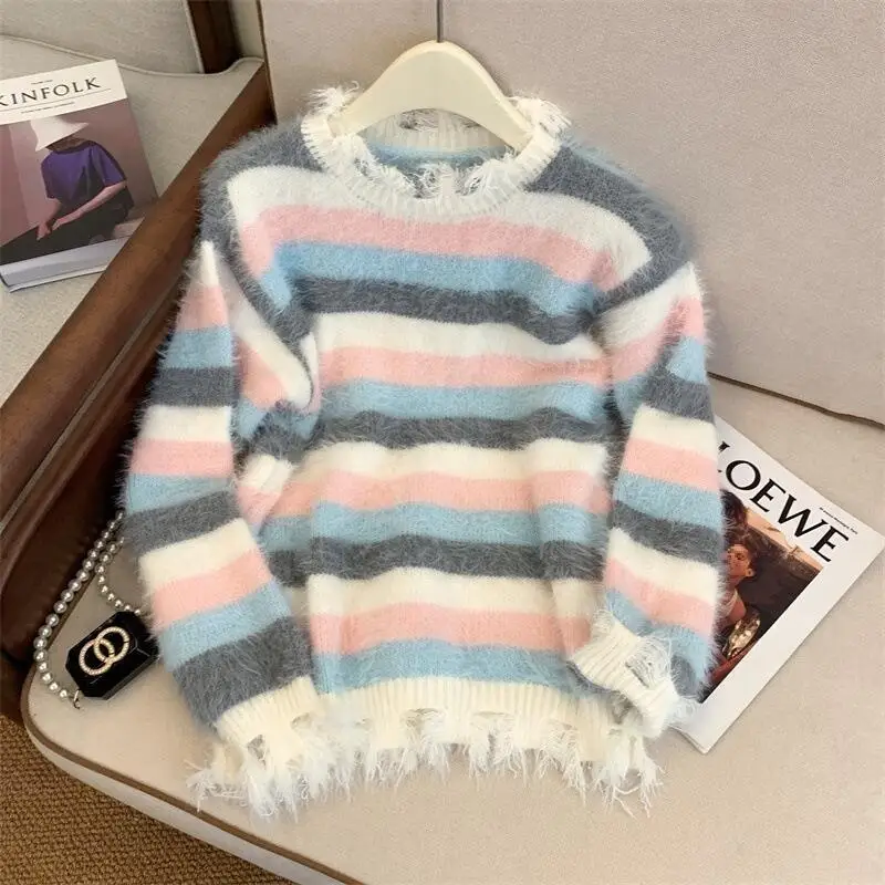 

Осень-зима, новая мода, свободный вязаный свитер в ленивом стиле, женский американский ретро-полосатый сладкий крутой пикантный пуловер для девочек, свитер