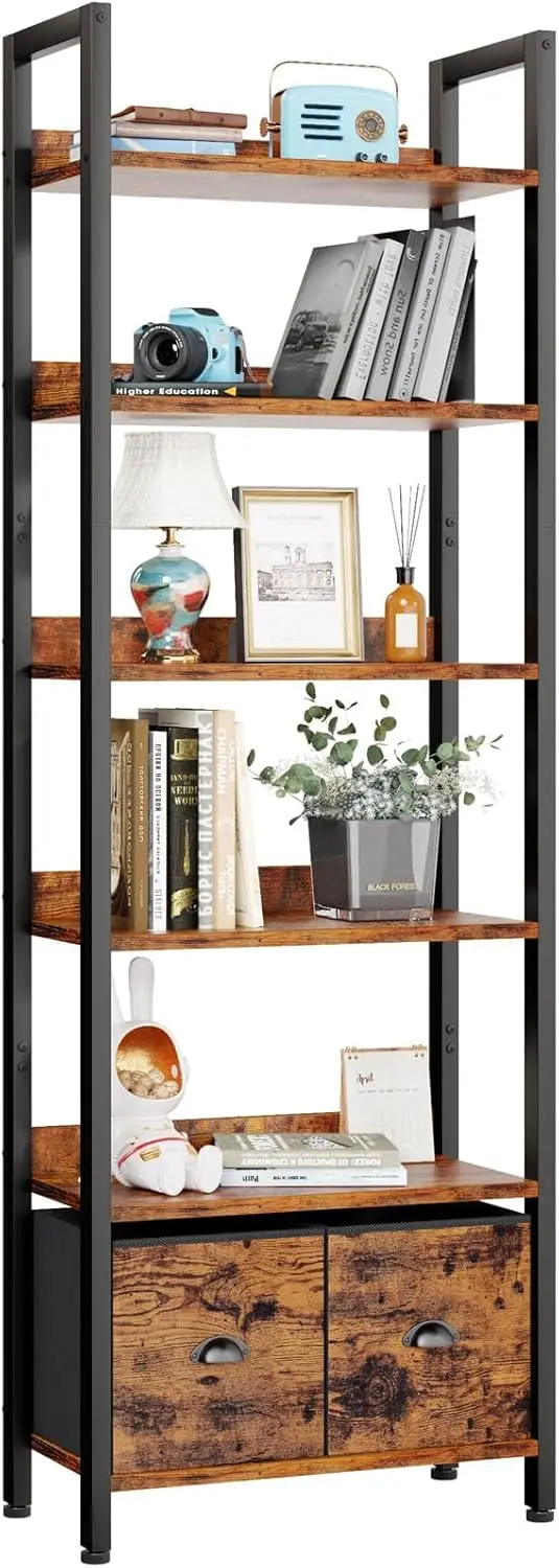 

6-Tier Bookshelf Tall 71 Rustic Bookcase with 2 Drawers Industrial Free Standing Shelf