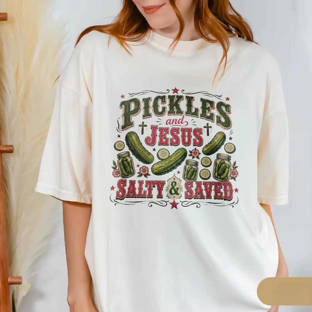 Vintage Ornate Pickles And Jesus Cross Graphic T Shirt Women Retro Jar Cucumber Print Cotton Tee Christian Faith Humor Tops