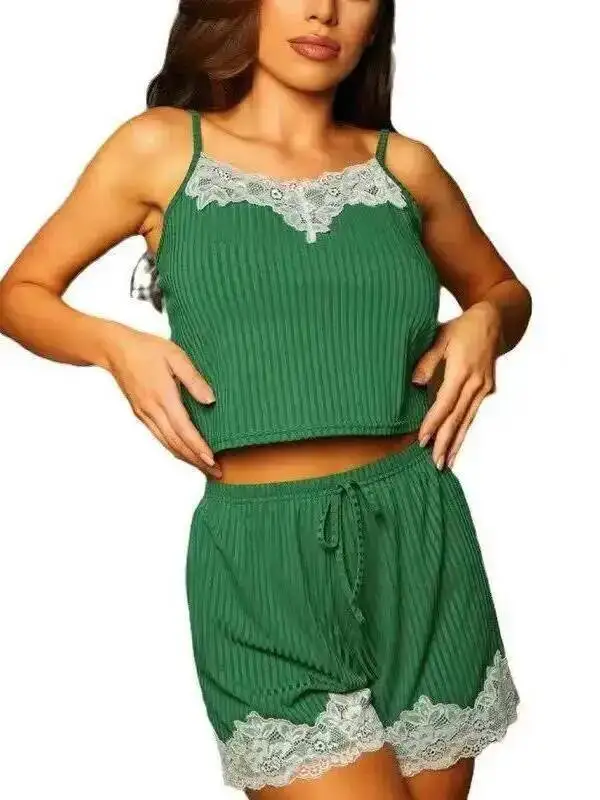 

Sexy Solid Color Lace Trimmed Shorts Sets Fashion Sexy Camisole Homewear Deep V Suspenders Sleeveless Shorts Sets Beautiful HC90