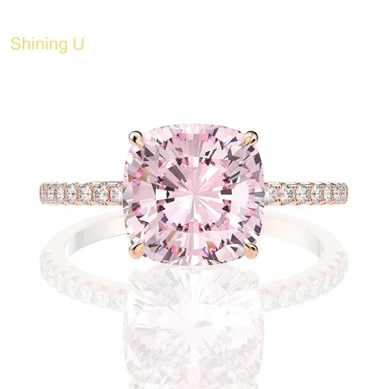 Shining U S925 Silver Rose Gold Pink Square High Carbon Daimond Gems Ring for Women Fine Jewelry Wedding