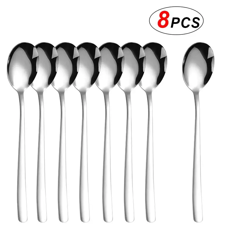 

8 Pcs Spoon Set 304 Stainless Steel Cutlery Set Korean Cake Spoon for Hotel Home Bar Cafe and Office Long Handle Coffee Spoon