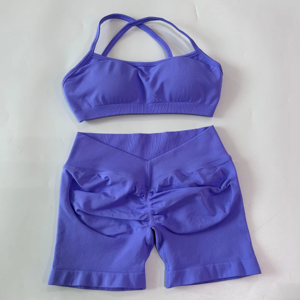 2 Pieces Set For Woman Clothes Seamless Scrunch Yoga Shorts Set Backless ktp Sports Bra Fitness Workout Top Gym Set Outfits image 5