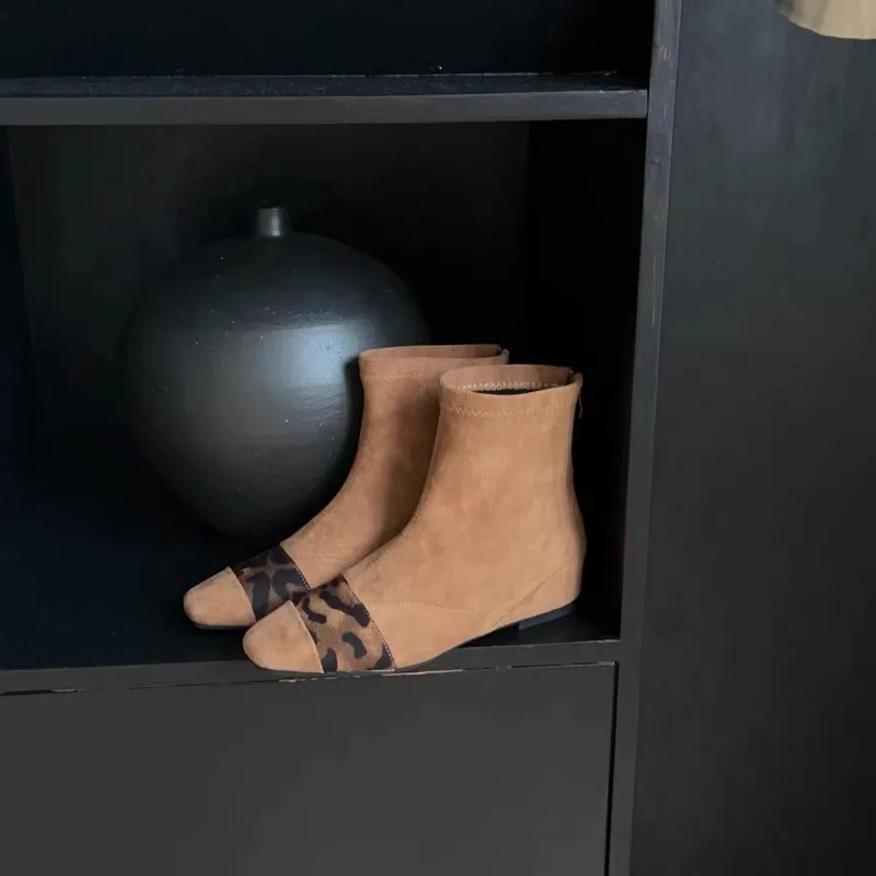 Square Toe Women Sock Boots Leopard Mixed Color Back Zipper Square Mid Heels Sock Bota  Platform Boots  Shoes for Women image 3