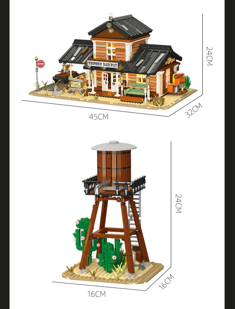 Kreatives Architektur-Modell „Amerikanische Western-Eisenbahn“ aus Bausteinen, Lernspielzeug mit Beleuchtung – Detail 9