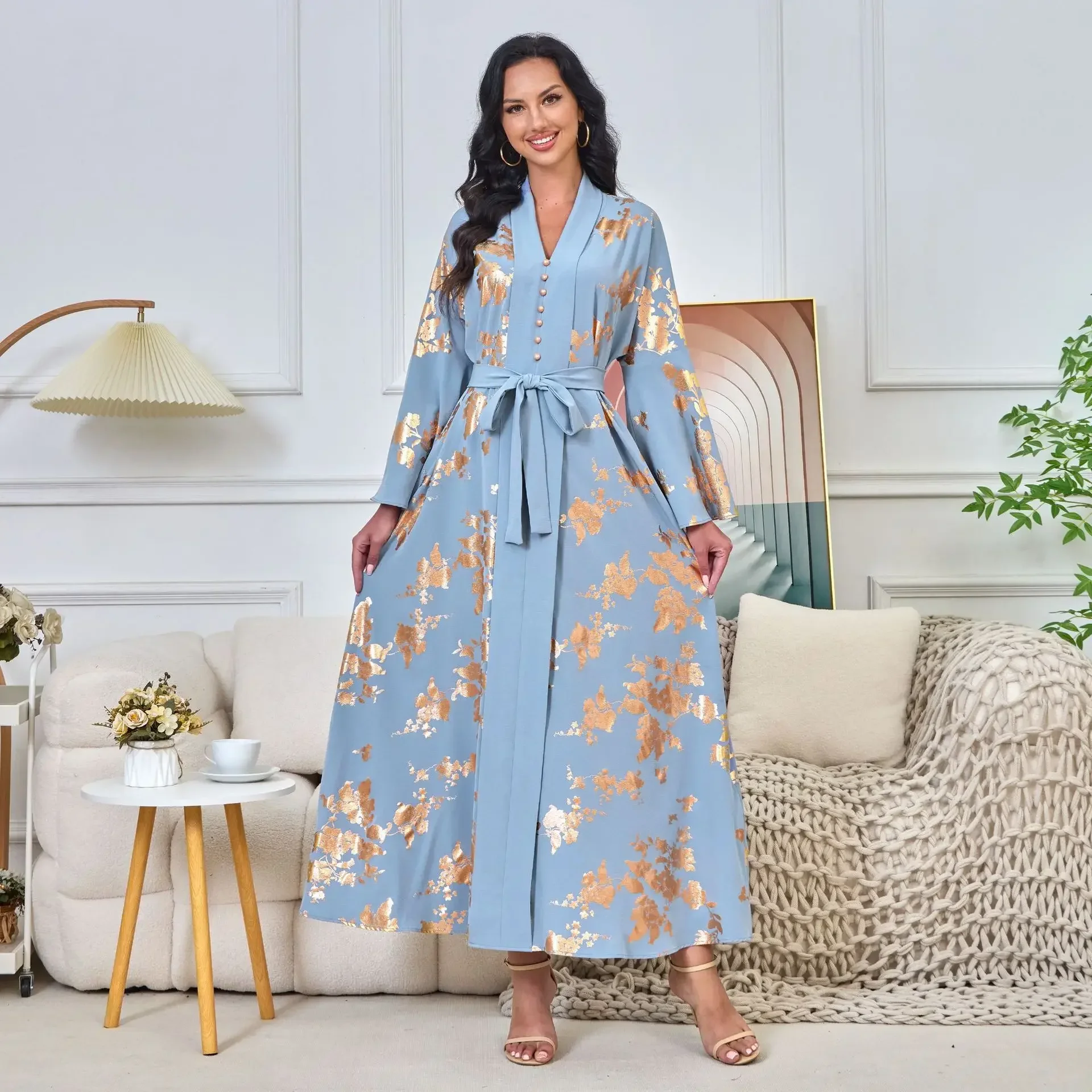 V-neck Long Sleeves Arabia Dubai Abayas Dress Print Muslim Dress Women Lace-up Dresses for Women Kaftan Femme Musulman Vestidos