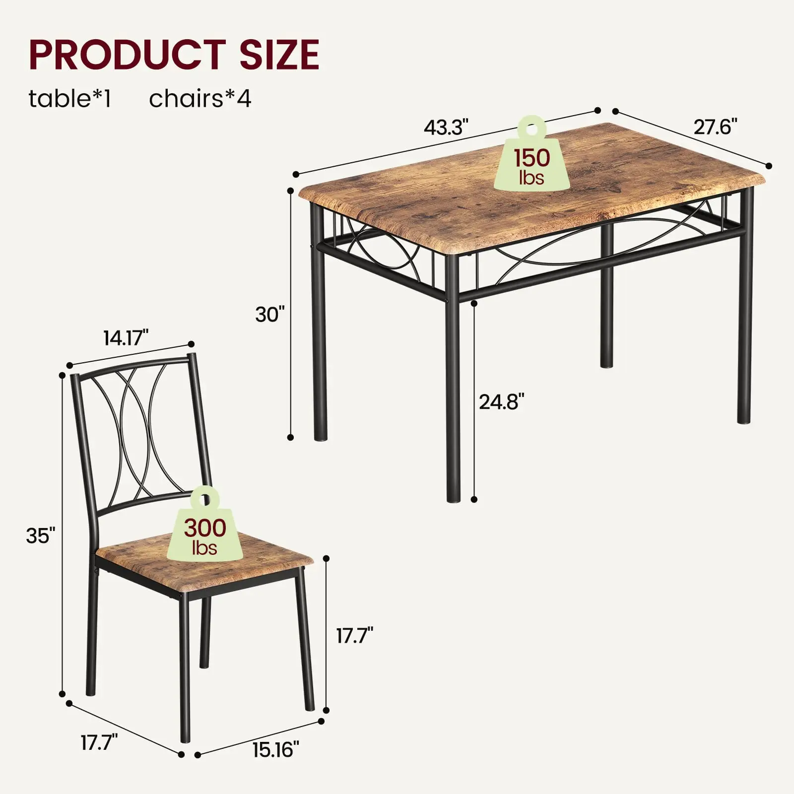 Amyove Kitchen Table and Chairs,Dining Room Table Set for 4with Chairs,Kitchen Table Set Metal and Wood Rectangular Dining Table