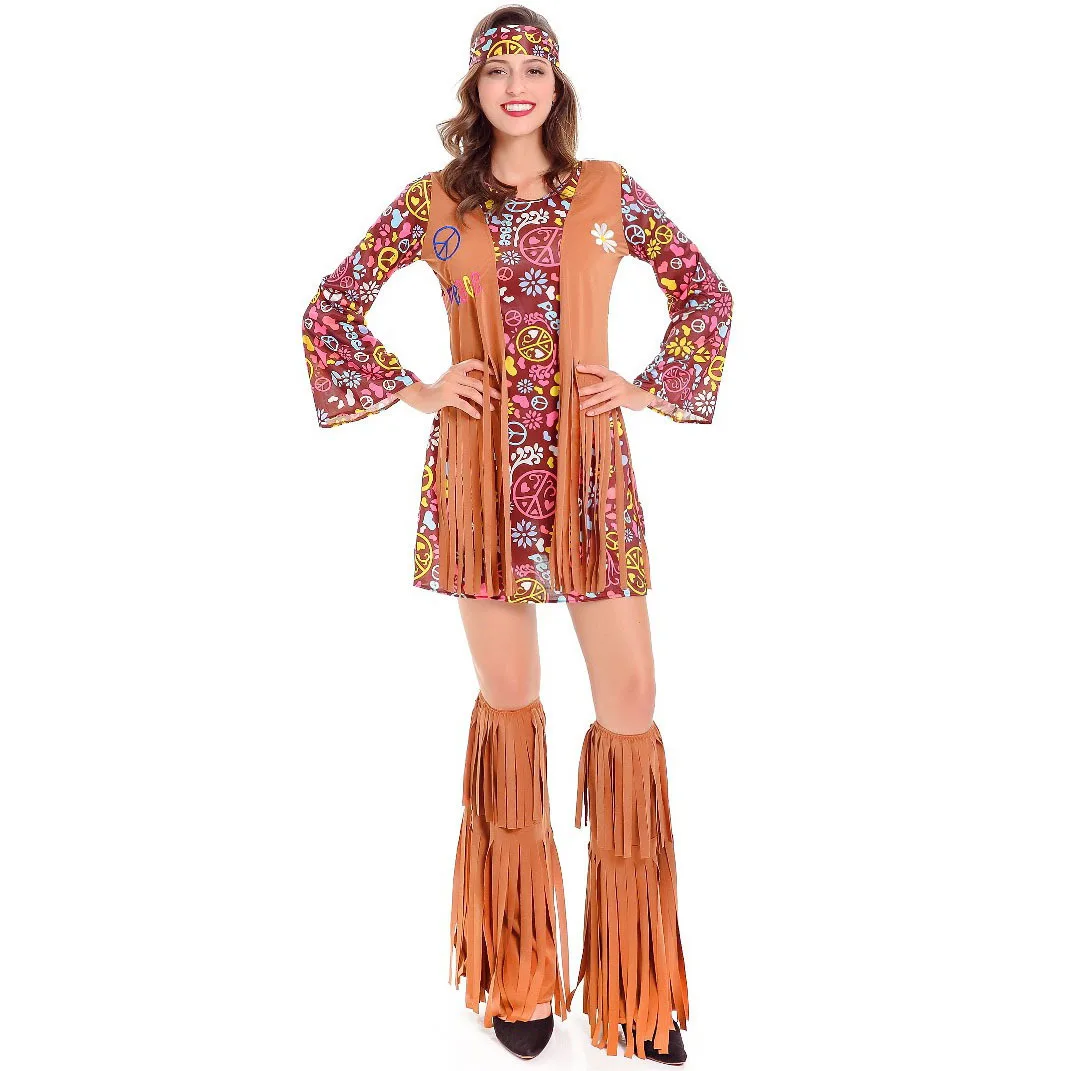 Cosplay Indian Tassels Costumes Set Women\'s Peace Love Hippie Christmas 1960s Stage Performance Halloween Dress Up Outfits Party