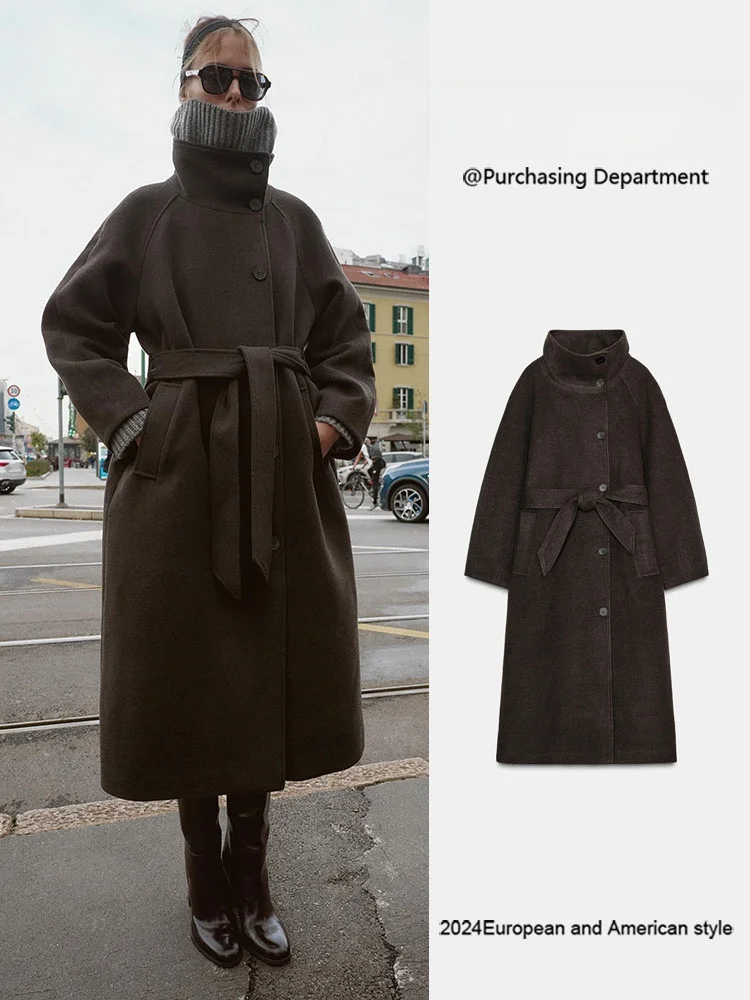 

Soft Stand Collar Long Sleeve Women's Coat with Belt Winter New Arrival Woolen Outerwear Commute Style 2025