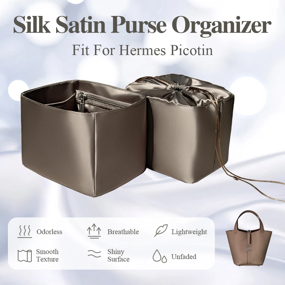 Silk Satin Purse Organizer Insert Fit for Hermes Picotin18/22 Bucket Bag Zipper Storage Insert Handbag Organizer Insert Bag