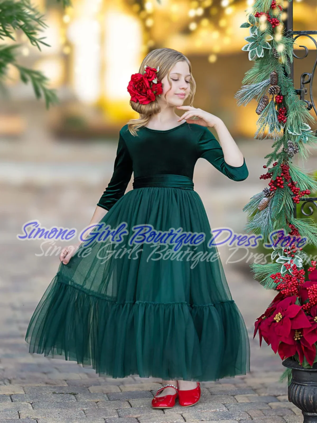 تنورة بطول الكاحل وأكمام طويلة وخياطة من الدانتيل فستان بناتي على شكل زهرة خضراء لعروض الرقص في عطلة عيد الميلاد