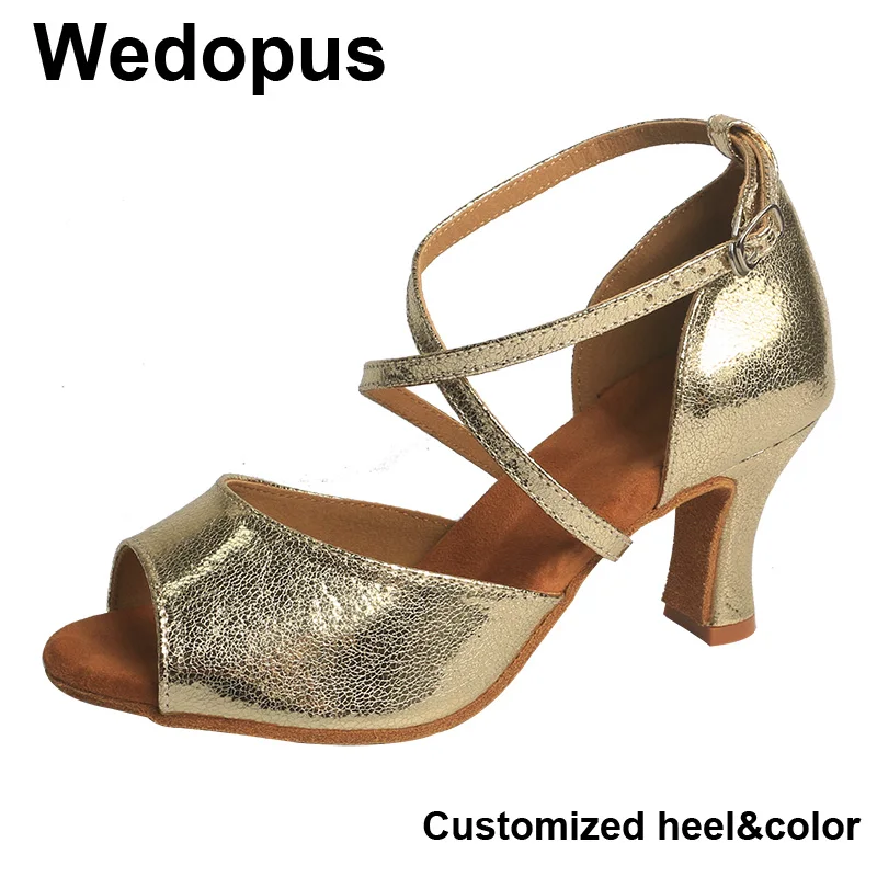 

Wedopus Women's Gold PU Latin Dance Shoes Suede Sole Ballroom Tango Dancing Shoe Salsa Party Dance Shoes Mid Heel 7CM