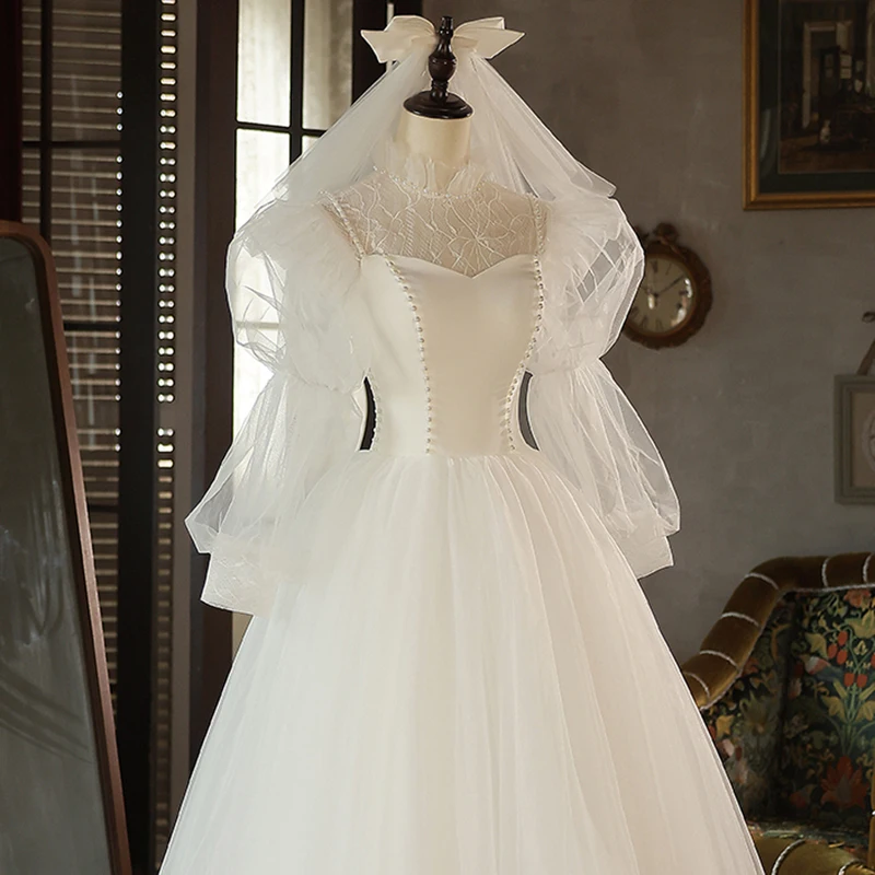 AnXin SH principessa fiore pizzo bianco vintage collo alto manica lunga a sbuffo sposa abito da sera personalizzato piccolo abito bianco