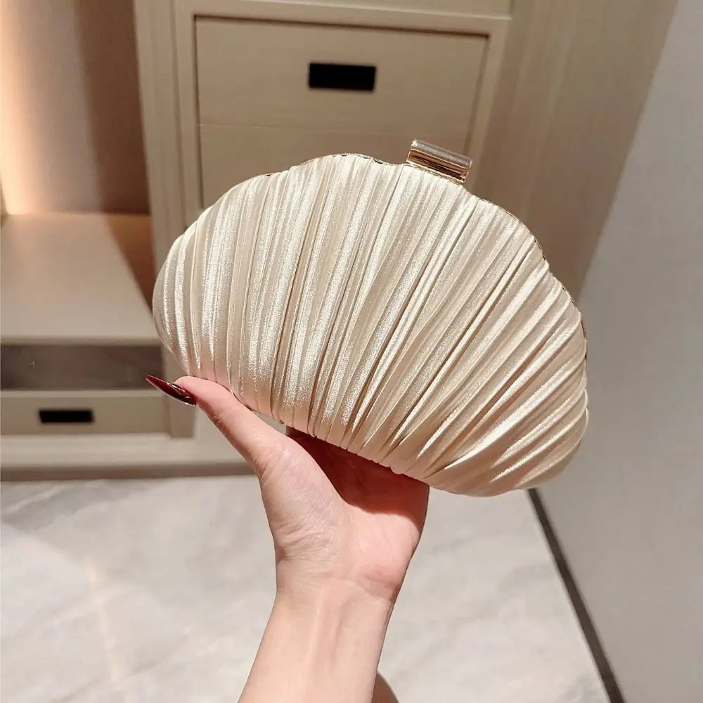 Fashion Shell Design Evening Bag Pleated Apricot Chain Shoulder Bags Elegant Handbags for Wedding Party