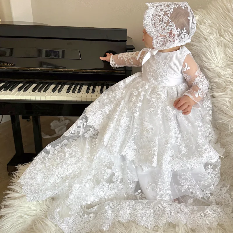 Vestidos de flores blancas para niña, apliques de encaje con lazo, manga larga para boda, fiesta de cumpleaños, vestidos de primera comunión