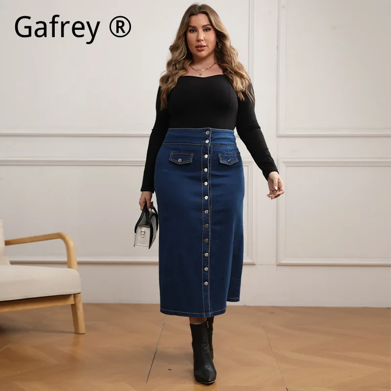 Plus Size High Waist Button Front Denim Jean Skirt Decorative Pocket Casual Loose Fit A Line Midi Oversize Jean Skirt 2026 New