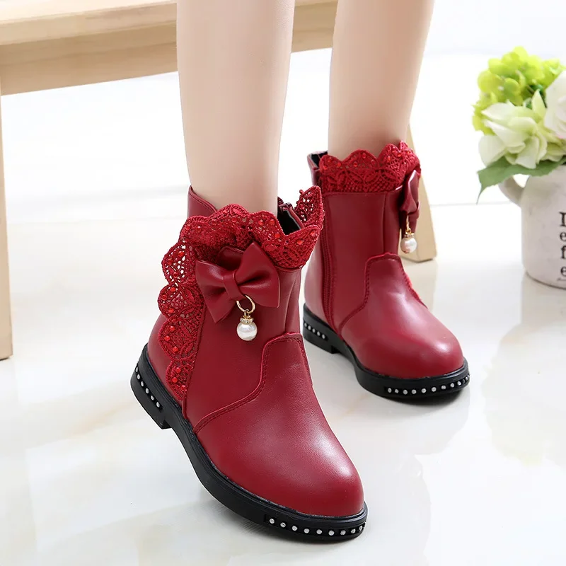 Girls Princess Boots Kids Ankle Boots Lace with Bow-knot Sweet Warm Cotton Children Rubber Boots Fur Lining Snow Boots Shoes New