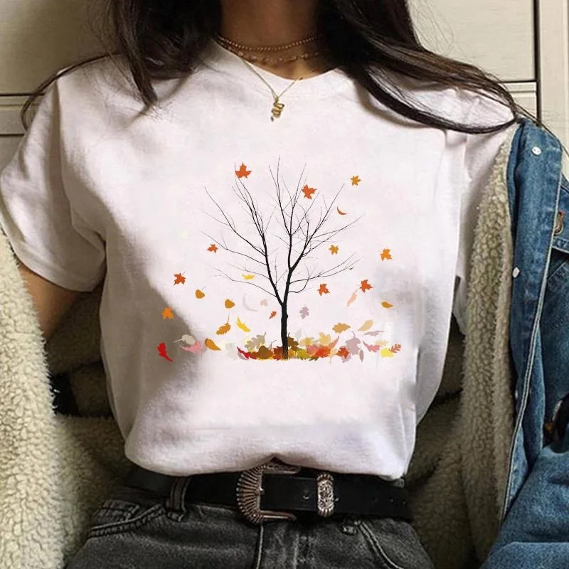 Women's Fall Falling Leaves Personalized Creative Round Neck Short Sleeve Shirt Fashion Casual Comfortable T-Shirt Top