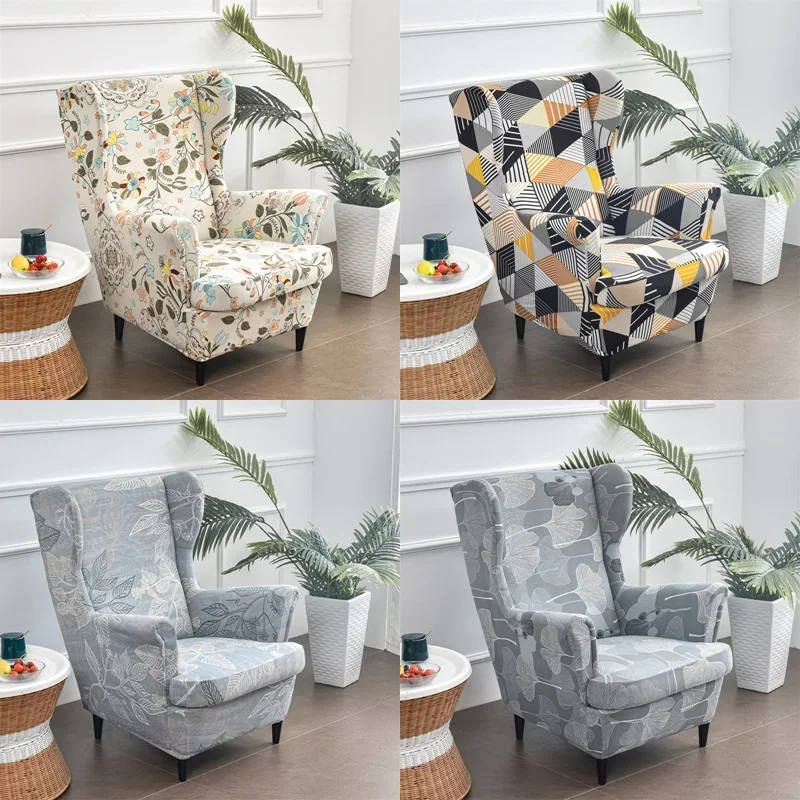 

Elastic Floral Wing Chair Cover Sloping Back Armchair Sofa Slipcovers Stretch Single Wingback Sofa Covers with Cushion Cover