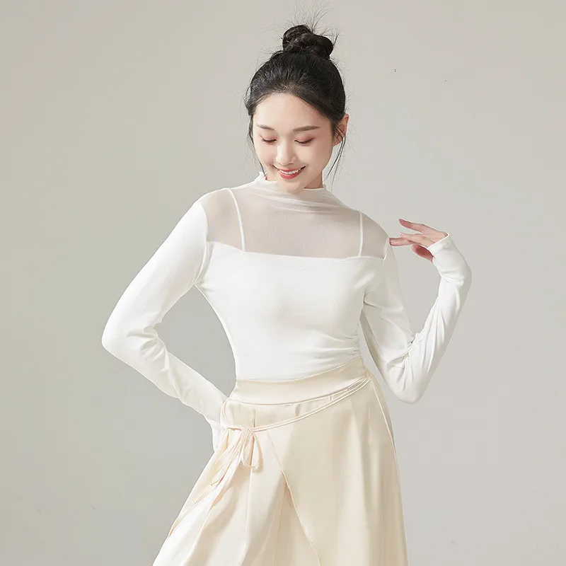 Women Modern Dance Practice Clothing Mesh High Neck Stylish Costume Finger Sleeves Design Solid Clothes Elegant Pretty Yoga Tops