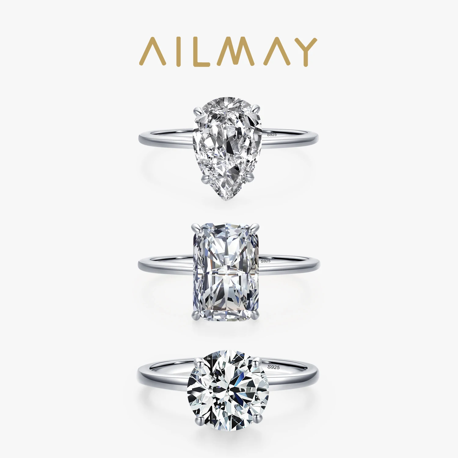 Ailmay Luxury Cutting Clear CZ Ring Solid 925 Sterling Silver Classic Finger Rings For Women Wedding Engagement Jewelry Gift