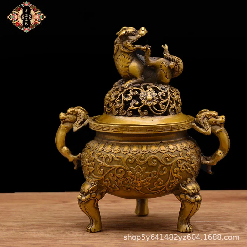 

Copperware Brass Young Lion Taibao Coil Incense Burner Ornament