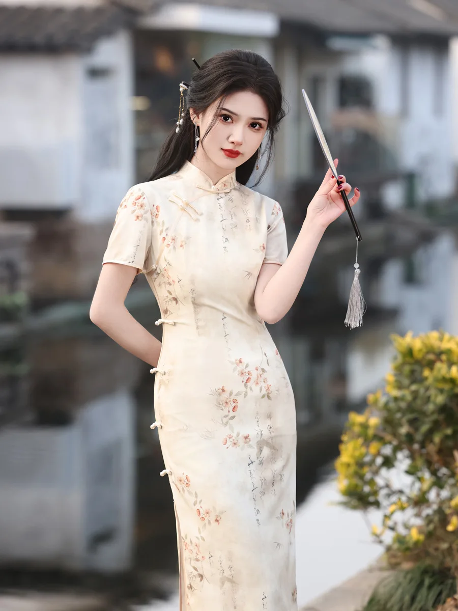 

2024 New Improvement Chinese Style Linen Printed Double-Layer Eight Button Qipao Daily Women's Cheongsam Dress