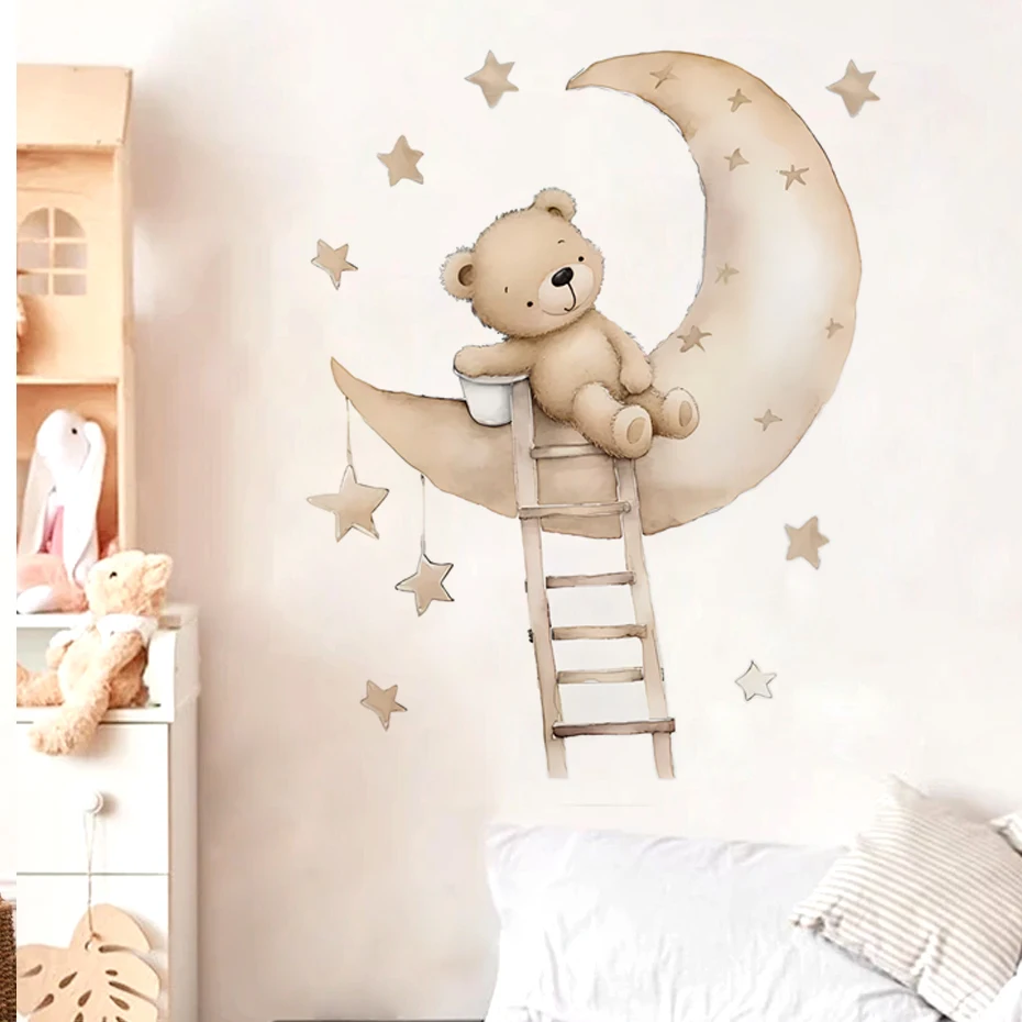 Teddy Bear on Moon Wall Stickers for Kids Room Children's Room Decoration Bedroom Wall Decals Baby Nursary Room Wallpaper Murals