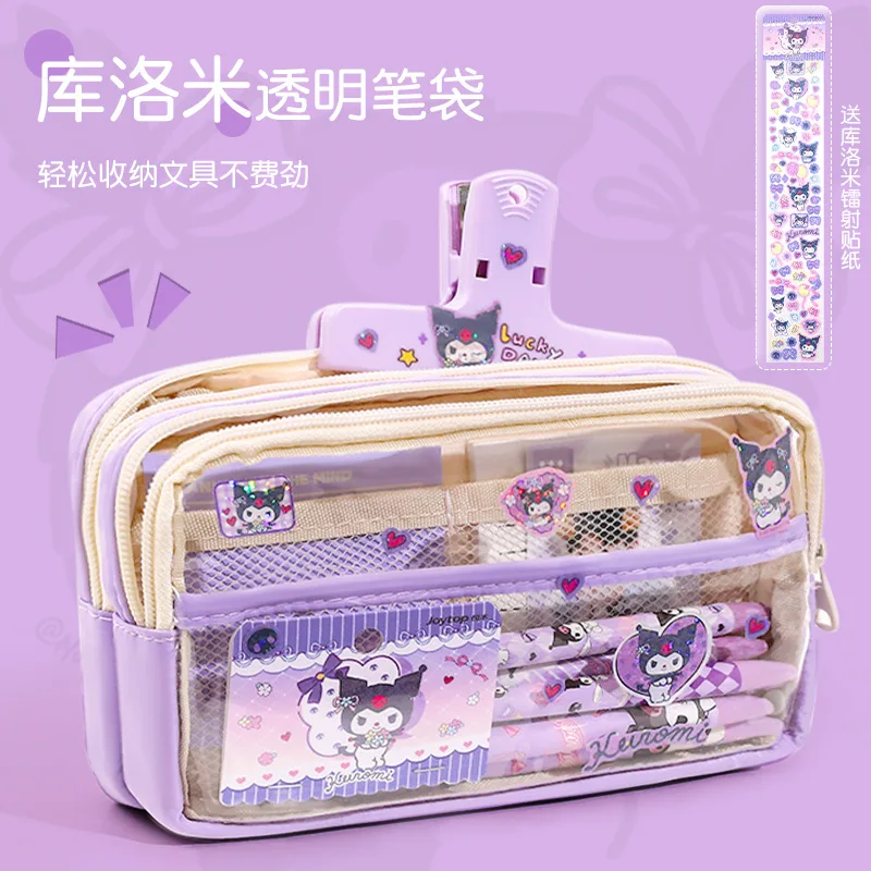 Sanrio Cartoon Cinnamon Pen Bag for Kids Kawaii Melody Transparent Large Capacity Pencil Bag Girls Cute Kulomi Makeup Bag Gift