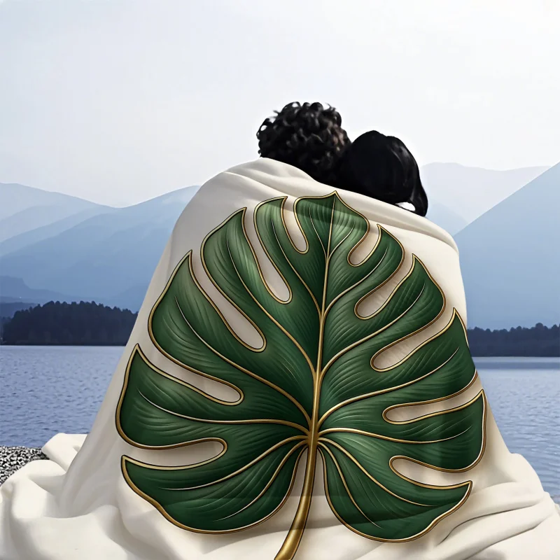 Gold Trim Tropical Leaf Print Blanket Flannel Blanket Throw Blanket Warm Gift Blanket Soft Jungle Sofa Bed Decor